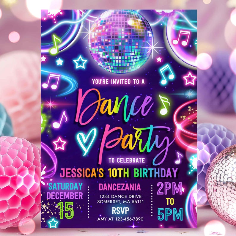 Editable Dance Party Invitation Neon Glow Dance Party Invitation Neon ...