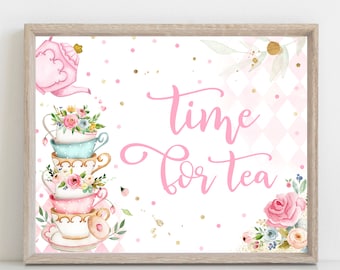 Hora de la señal de la mesa de la fiesta del té para el signo del té rosa y oro floral par-té favorece las decoraciones florales caprichosas de la fiesta del té Descarga instantánea TR