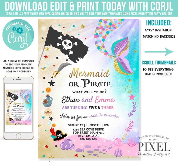 Mermaid And Pirate Birthday Invitation Sibling Mermaid & Pirate Invite Sibling Mermaid Pirate Party Instant Download Editable File 7O Il_570xn