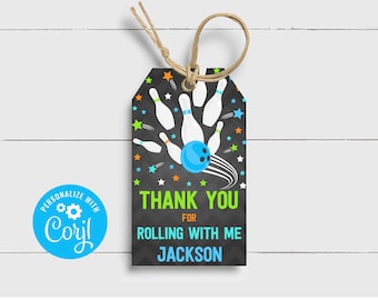 Bowling Favor Tags Bowling Boy Birthday Party Favour Tag Bowling Thank you tag Strike Bowling party Favor Tag Instant Editable Corjl K2