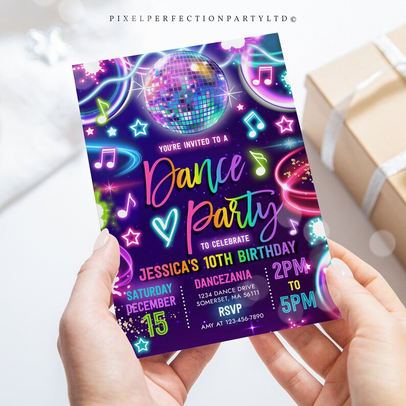 Editable Dance Party Invitation Neon Glow Dance Party Etsy