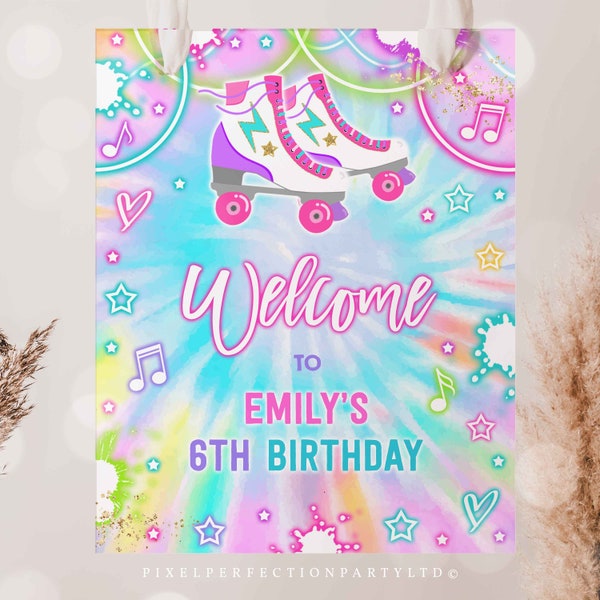 Editable Roller Skating Birthday Party Welcome Sign Tie Dye Glow Roller Skating Favor Sign Neon Glow Skating Party Instant Download G1