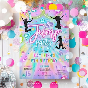 Puede incluir: Una invitaci&oacute;n colorida para una fiesta de cumplea&ntilde;os n&uacute;mero 9 con un fondo tie-dye y el texto "Let's Jump & Party" en rosa y blanco. La invitaci&oacute;n incluye el nombre "Kayleigh's" y la fecha "15 de diciembre".