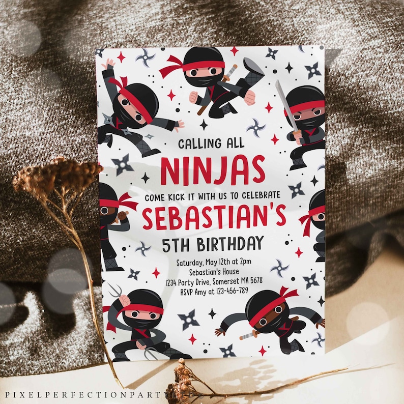 May include: A white birthday invitation with a red and black ninja theme. The invitation says "Calling all Ninjas" and "Come kick it with us to celebrate Sebastian's 5th Birthday". The invitation includes the date, time, location, and RSVP information.