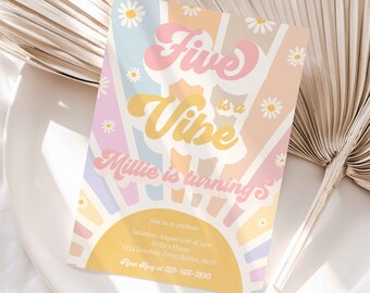 Editable Five Is A Vibe Birthday Invitation Retro Daisy Sunshine 5th Birthday Daisy Hippie Rainbow Sunshine Birthday Instant Download JN