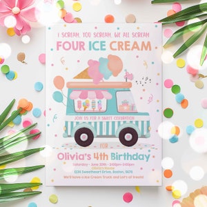 以下が含まれることがあります： アイスクリームトラックをテーマにした4歳の誕生日パーティーのカラフルな招待状。招待状には、ピンクとブルーのアイスクリームコーンが載った、アニメーションのアイスクリームトラックが描かれています。招待状のテキストには、「私が叫ぶ、あなたが叫ぶ、私たちは皆叫ぶ、4つのアイスクリーム。」と「オリビアの4歳の誕生日のお祝いにご参加ください。」と書かれています。招待状には、パーティーの日時と場所も記載されています。