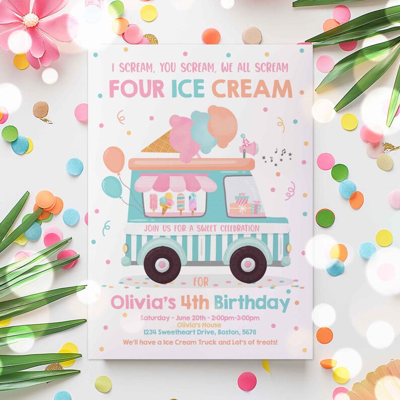 以下が含まれることがあります： アイスクリームトラックをテーマにした4歳の誕生日パーティーのカラフルな招待状。招待状には、ピンクとブルーのアイスクリームコーンが載った、アニメーションのアイスクリームトラックが描かれています。招待状のテキストには、「私が叫ぶ、あなたが叫ぶ、私たちは皆叫ぶ、4つのアイスクリーム。」と「オリビアの4歳の誕生日のお祝いにご参加ください。」と書かれています。招待状には、パーティーの日時と場所も記載されています。