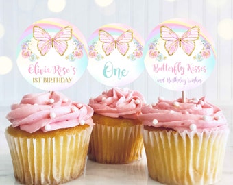 Editable Butterfly Birthday Cupcake Toppers Stickers Gift Tags Whimsical Pastel And Gold Floral Butterfly Instant Download Editable File BB