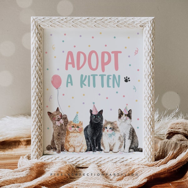 Adopt A Kitten Birthday Party Sign Pet Adoption Party Sign Cat Birthday Party Let's Pawty Kitty Cat Birthday Decor Instant Download KL