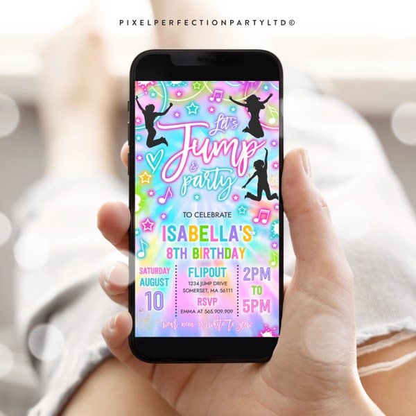 Editable Jump Birthday Party Evite Invitation Tie Dye Glow Jump Trampoline Party Electronic Text Message Invite Instant Download TN