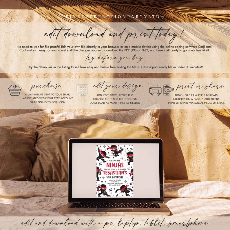 May include: A digital invitation for a 5th birthday party with a ninja theme. The invitation features a black and white illustration of ninjas with red accents. The text on the invitation reads "Calling all ninjas, One year older, 5 years of awesomeness, Sebastian's 5th Birthday".