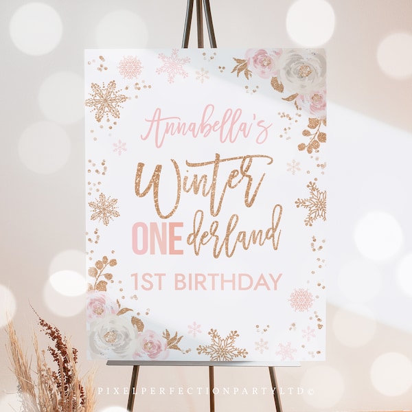 Editable WINTER ONEderland Welcome Sign Rose Gold & Pink Floral Snowflake Winter Onederland 1st Birthday Watercolor Tree Instant Download LH