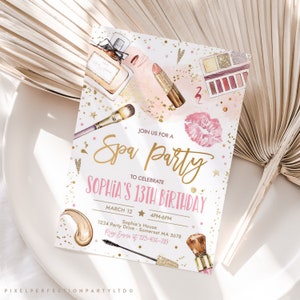 Editable Spa Makeup Birthday Party Invitation Glam Party Invitation Girl Blush Pink And Gold Spa Party Tween Party Instant Download KE image 1
