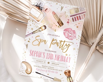 May include: A pink and gold spa party invitation with a watercolor background. The invitation features images of makeup, perfume, and other spa-related items. The text on the invitation reads "Join us for a Spa Party to celebrate Sophia's 13th Birthday." The invitation also includes the date, time, and location of the party.