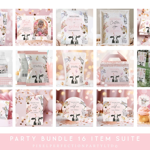 Farm Animals Birthday Invitation And Bundle Pink Girl Farm Party Animals Party Package Decorations Party Bundle Kit Instant Download HYS