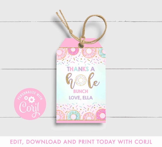 Donut Favor Tags Donut Birthday Favour Tag Donut Thank you tag Donut Thanks A hole Bunch Tag Donut party Favor Tag Instant Editable Corjl 9H Il_570xn
