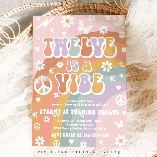 Editable Twelve Is A Vibe Groovy Birthday Party Invitation Peace Love Party Rainbow Hippie Groovy 70s 12th Birthday Instant Download GP