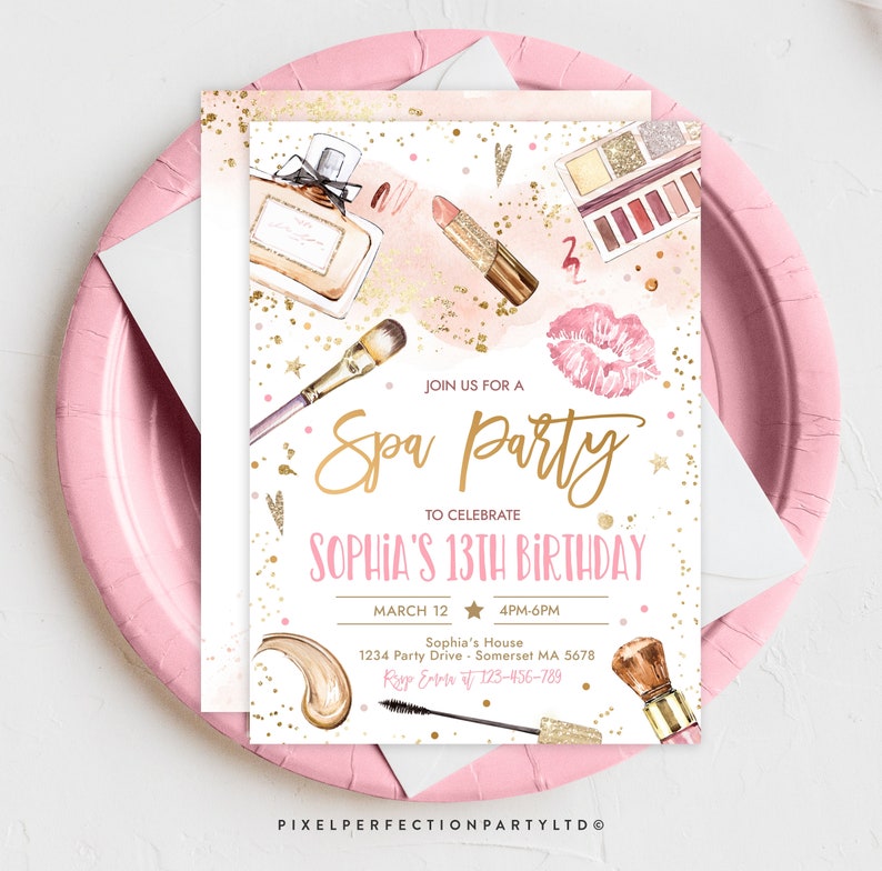 Editable Spa Makeup Birthday Party Invitation Glam Party Invitation Girl Blush Pink And Gold Spa Party Tween Party Instant Download KE image 2