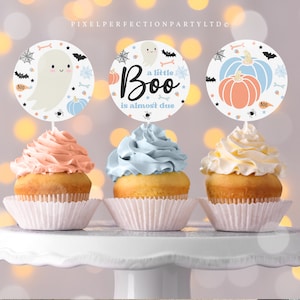 Little Boo Baby Shower Cupcake Toppers Halloween Boy Ghost Baby Shower A Little Boo Is Almost Due Baby Shower Favor Tags Instant Download VY