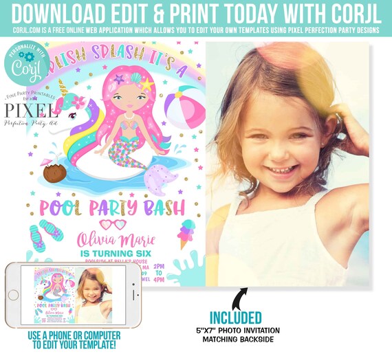 Unicorn Pool Party Invitation Unicorn & Mermaid Pool Party Invite Unicorn Pool Float Pool Party Bash Instant Download Editable File Corjl 02 Il_570xn