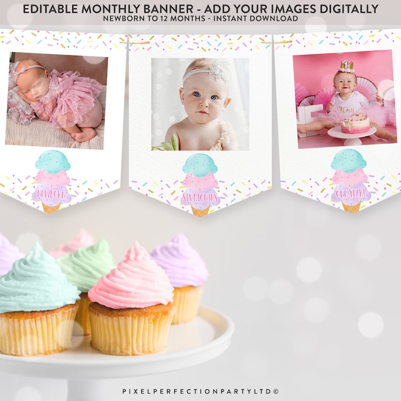 Editable Ice Cream Monthly Photo Banner Pink Girl Ice Cream 1st Birthday Monthly Photo Banner Sweet One Ice Cream Party Instant Download WC image 1