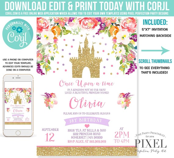 Princess Birthday Invitation Pink Gold Princess Castle Invite Cinderella Castle Royal Princess Tea Party Instant Download Editable File P2 Il_570xn