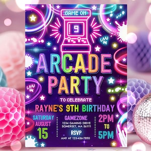 Editable Arcade Party Birthday Invitation Neon Glow Retro Video Gaming Arcade Birthday Party Neon Glow Gaming Party Instant Download TR1