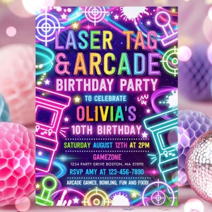 Editable Laser Tag Arcade Birthday Party Invitation Neon Glow Laser Tag And Video Gaming Party Neon Glow Gaming Party Instant Download TR1