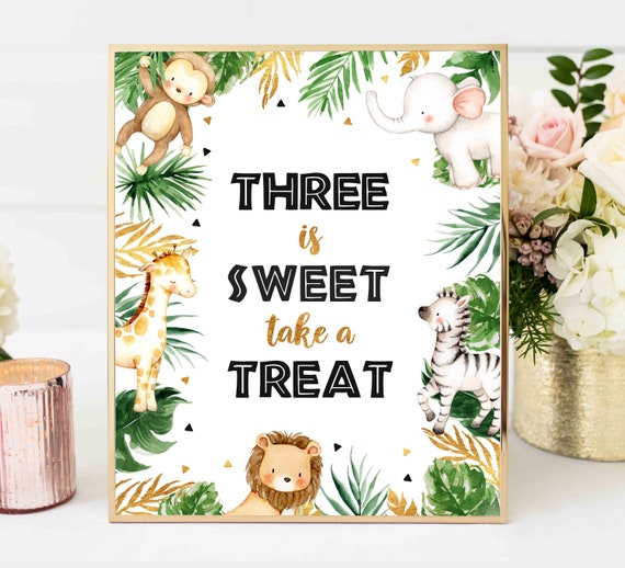 Three Is Sweet Safari Table Sign Black & Gold Jungle Animals Table Sign Gold Animal Jungle 3rd Birthday Party Decor Instant Download Sign 25 Il_570xn