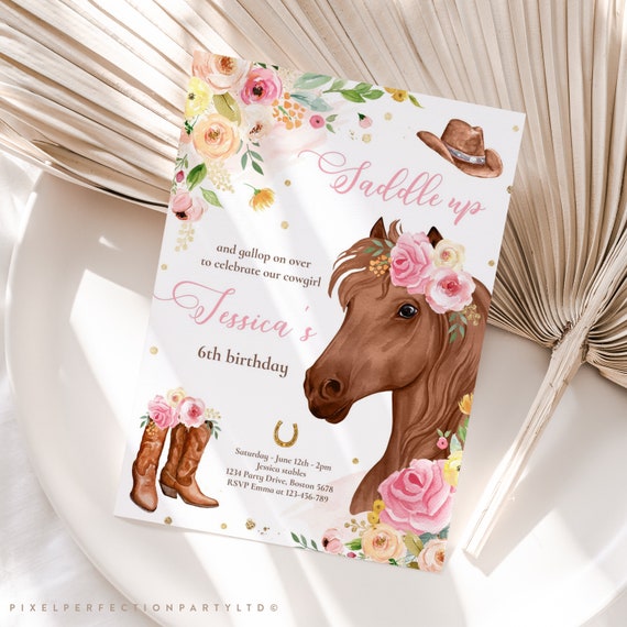 Editable Cowgirl Birthday Invitation Horse Birthday Party Invitation Blush Pink & Gold Floral Cowgirl Horse Birthday Instant Download KU Il_570xn