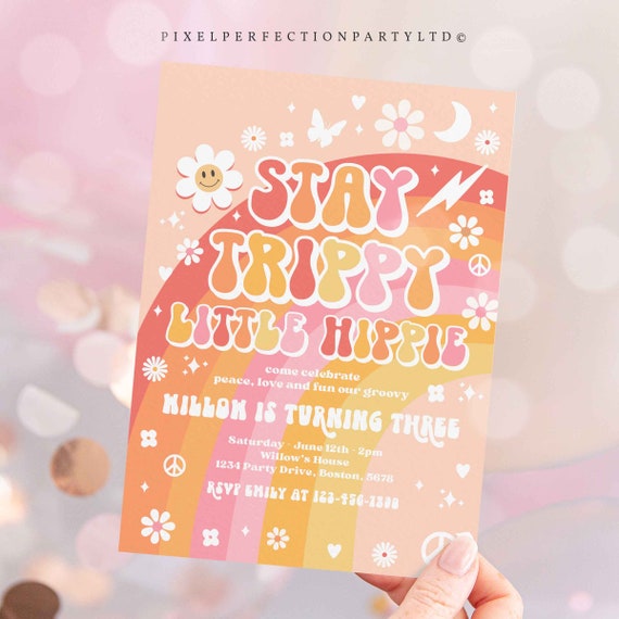 Editable Groovy Birthday Party Invitation Stay Trippy Little Hippie Groovy Rainbow Party Hippie 70s 1st Birthday Party Instant Download QE Il_570xn