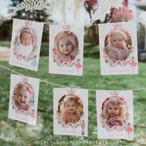 May include: A set of six pink and white photo cards with a floral design and a ballerina theme. Each card has a different age milestone, from newborn to one year, and a space for a photo. The cards are strung together with twine and clips.
