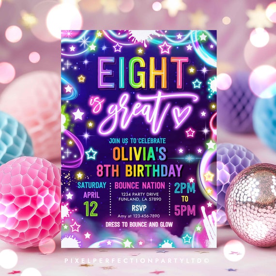 Editable Eight is Great Birthday Party Invitation Neon Glow 8th