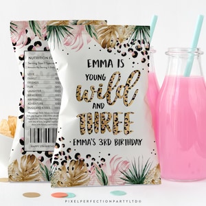 Editable Leopard Print Party Chip Bag Wrappers Jungle Chip Bag Favors Young Wild And Three Leopard Print 3rd Birthday Instant Download GY