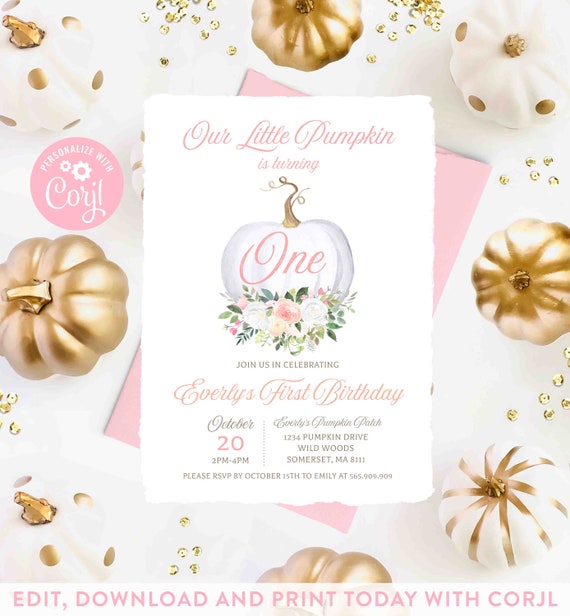 Pumpkin Invitation Our Little Pumpkin Birthday Invitation Floral Pink And White Pumpkin 1st Birthday Party Instant Download Corjl PL Il_570xn