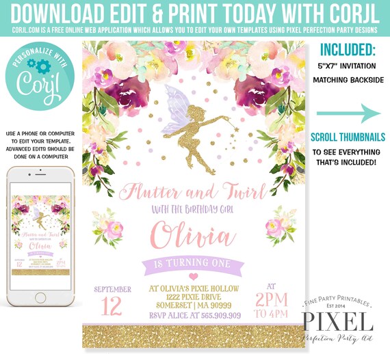Fairy Invitation Fairy Birthday Invitation Whimsical Enchanted Pixie Party Magical Floral Fairy Party Instant Download Editable Corjl 6V Il_570xn