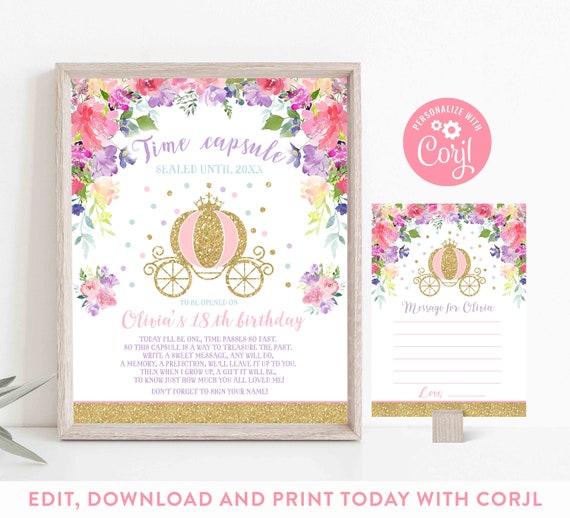 Princess Carriage Time Capsule + Matching Note Card Cinderella Carriage Time Capsule Princess Carriage Party Instant Download Editable N3 Il_570xn