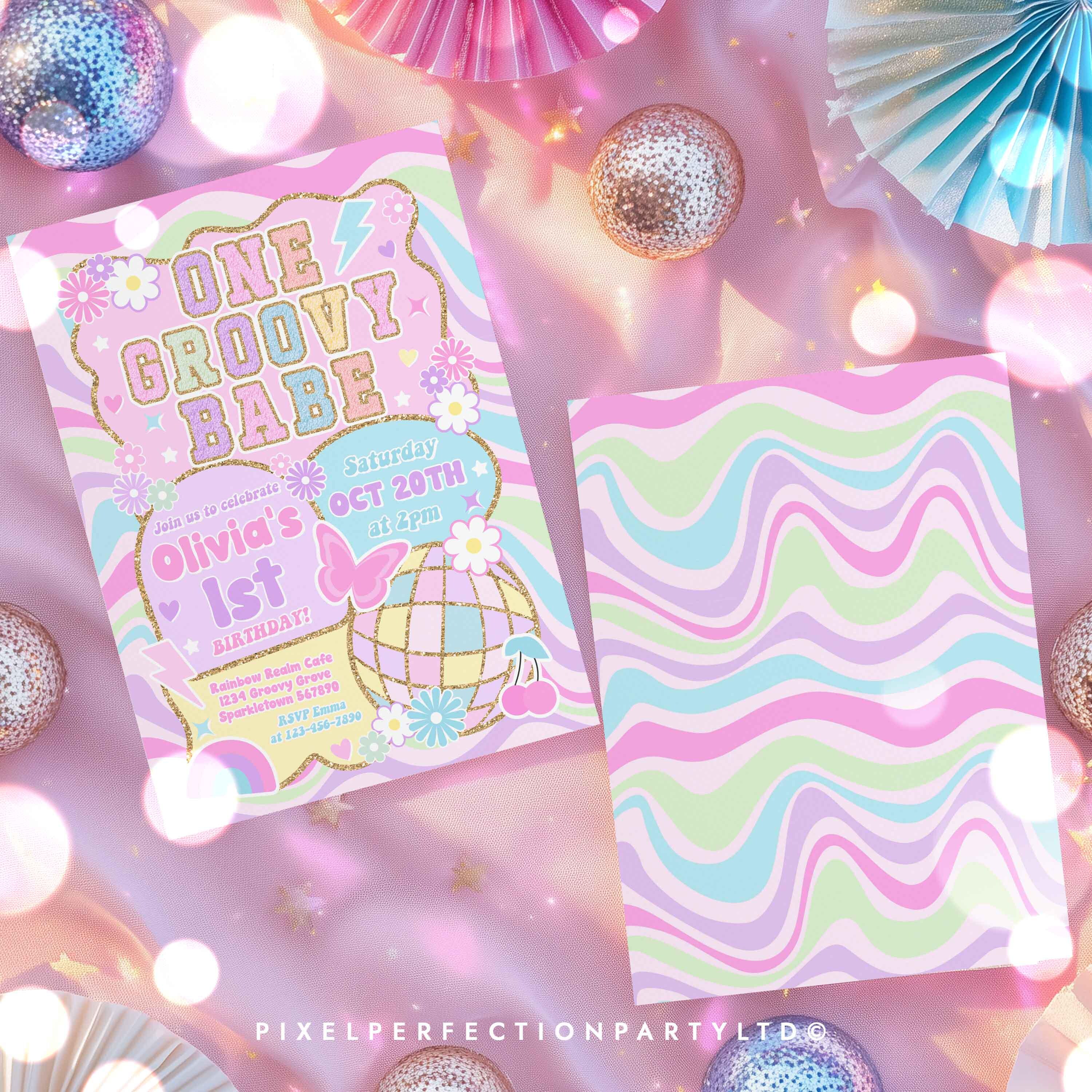Editable One Groovy Babe 1st Birthday Party Invitation Groovy Varsity ...