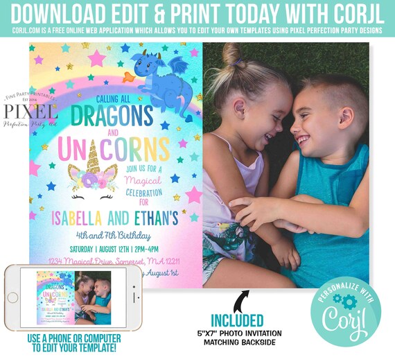 Unicorn And Dragon Invitation Unicorn Dragon Birthday Invitation Sibling Girl Boy Unicorn Dragon Party Instant Download Editable PDF M4 Il_570xn