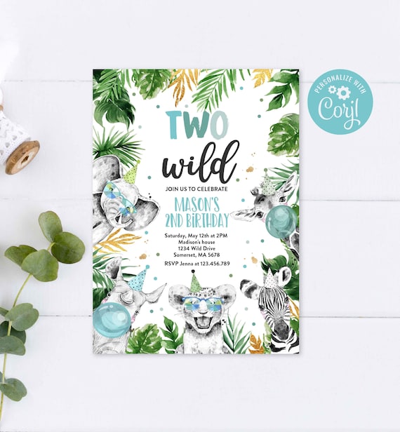 Editable Two Wild Birthday Invitation Safari Animals Invitation Two Wild 2nd Birthday Party Gold Monochrome Jungle Party Instant Download PS Il_570xn