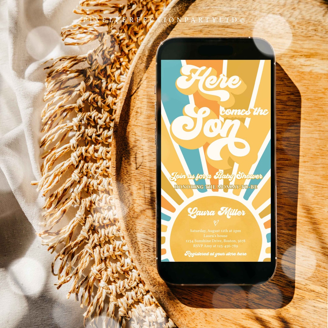 Editable Here Come the Son Baby Shower Evite Invitation Boho Etsy