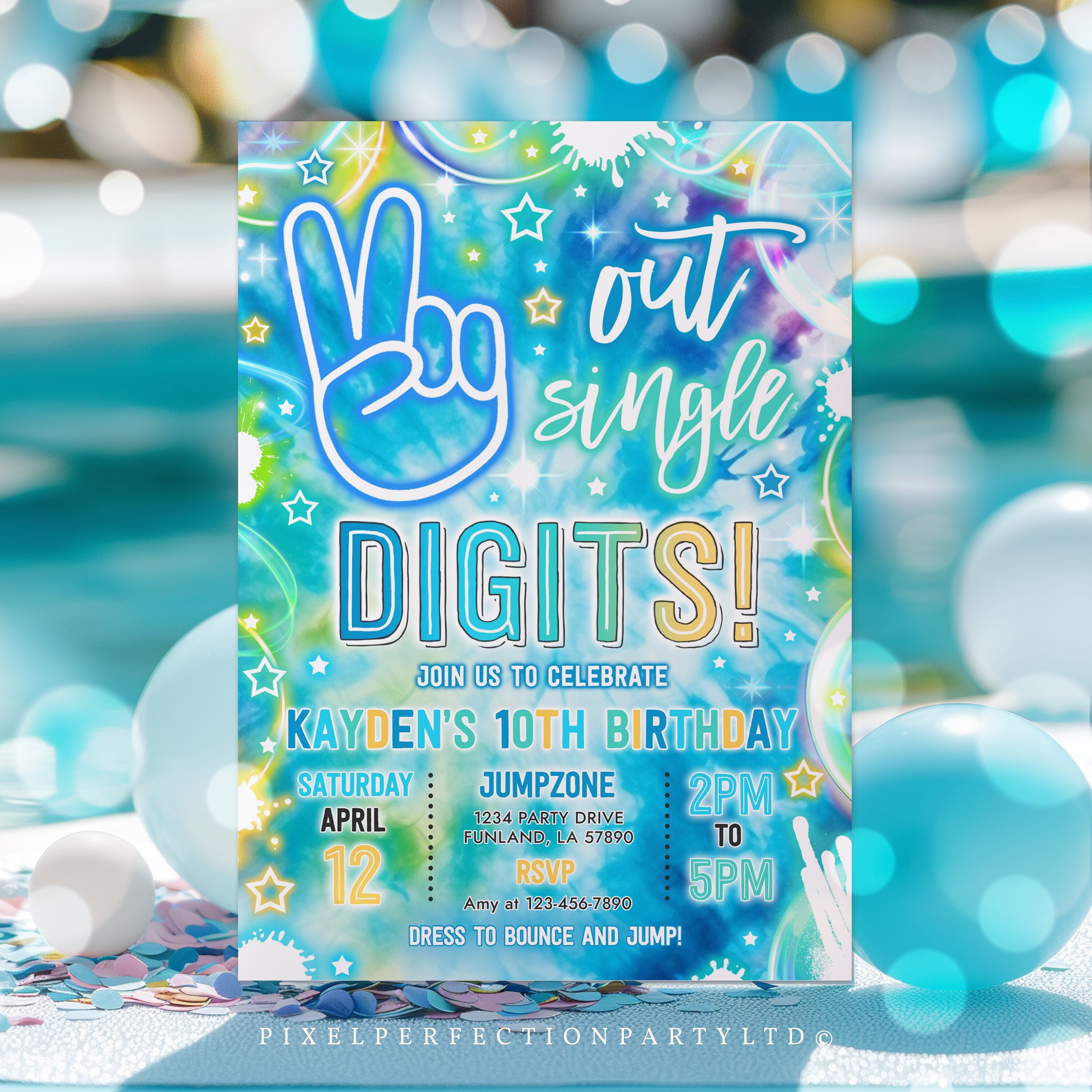 Editable Peace Out Single Digits Birthday Party Invitation Neon
