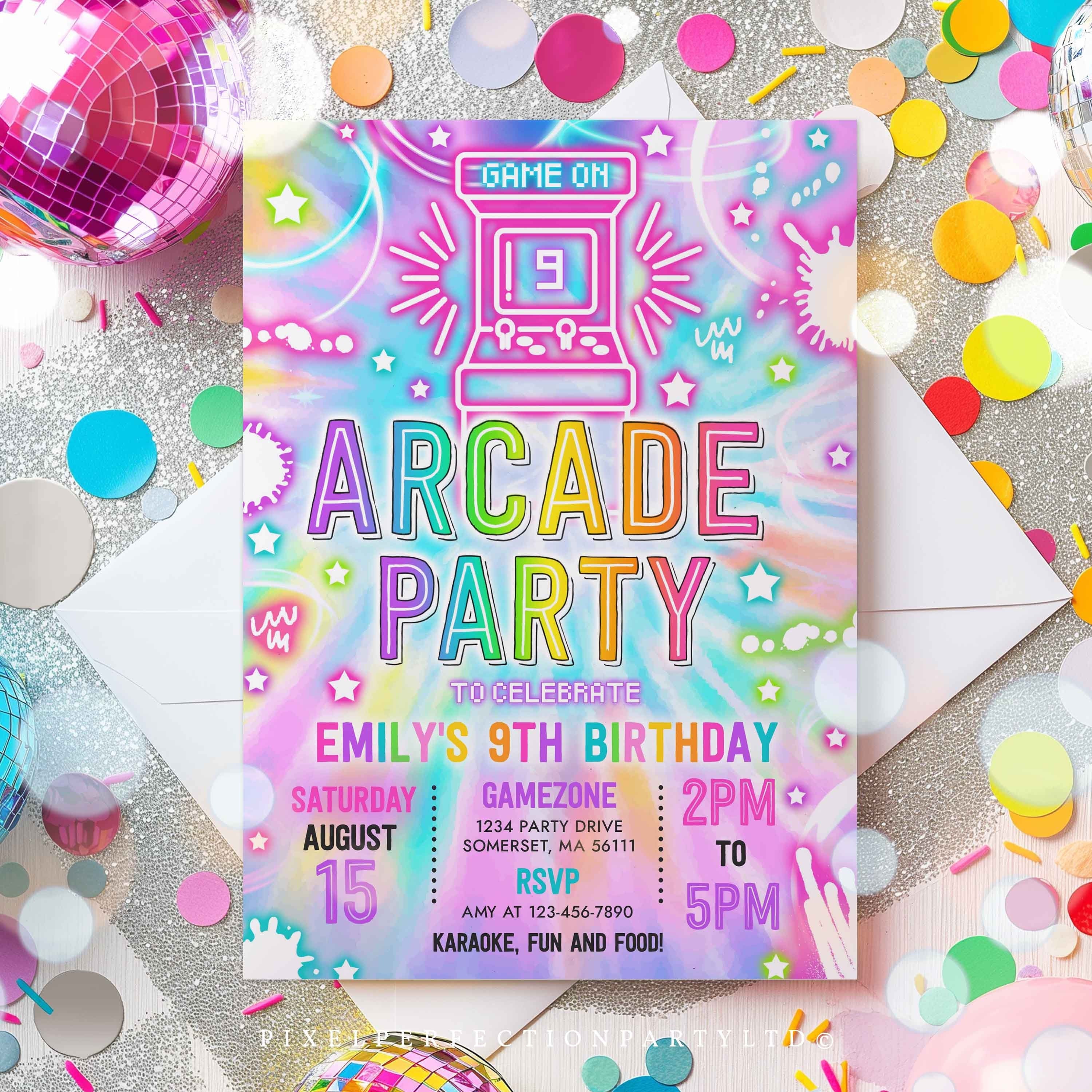 Editable Arcade Party Birthday Invitation Tie Dye Neon Video