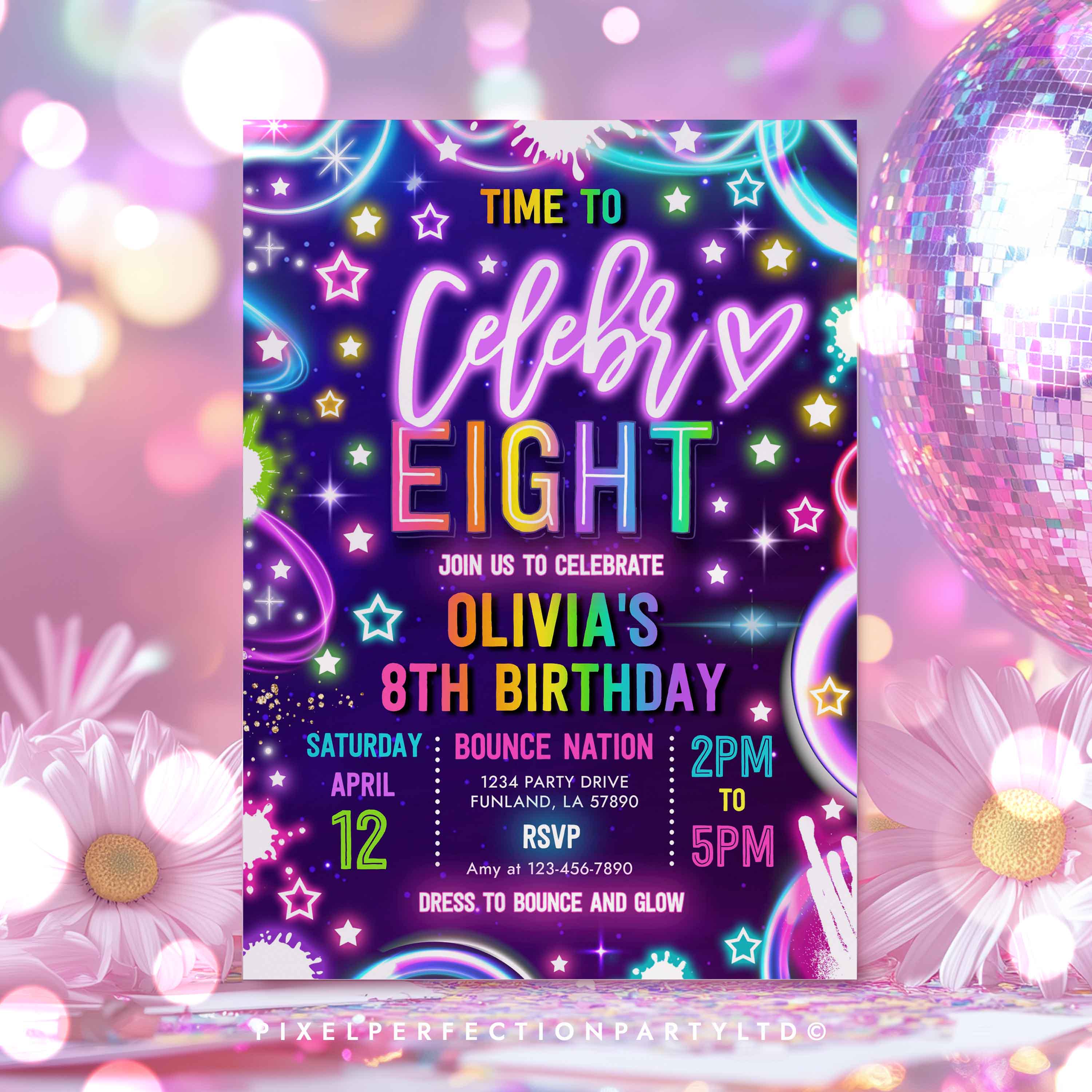 Editable Time to Celebr-8 8th Birthday Party Invitation Neon Glow
