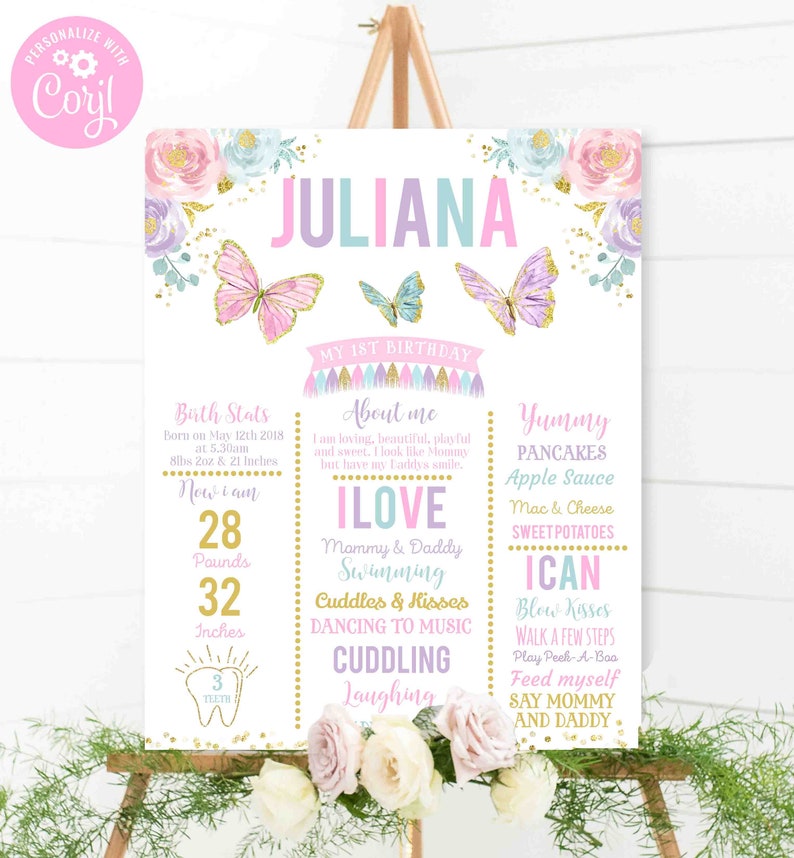Butterfly 1st Birthday Poster Butterfly Birthday Sign Pink Gold Floral Butterfly Milestone Poster Instant Download Editable File Corjl BB image 1
