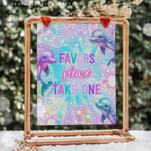 Dolphin Birthday Party Favors Sign Tie Dye Neon Glow Rainbow Dolphin Under The Sea Party Decorations Instant Download KD
