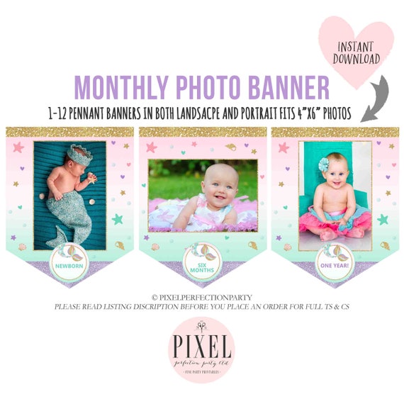 Mermaid Monthly Photo Banner Mermaid Banner Mermaid 1st Birthday Mermaid Party Monthly Photo Banner Under The Sea Mermaid Instant download Il_570xn