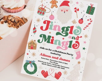 May include: A Christmas party invitation with a festive design featuring a Santa Claus, gingerbread man, Christmas tree, and other holiday icons. The text reads "Jingle and Mingle" and includes the party details: date, time, location, and RSVP information.