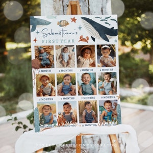 Editable Under The Sea First Year Photo Poster Milestone 1st Year Photo Collage Under The Sea 12 Month Photo Banner Instant Download J9