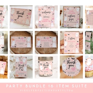 Editable Little Boo Ghost Baby Shower Invitation Bundle Halloween Girl Pink Ghost Baby Shower Party Decor Supplies Kit Instant Download T3